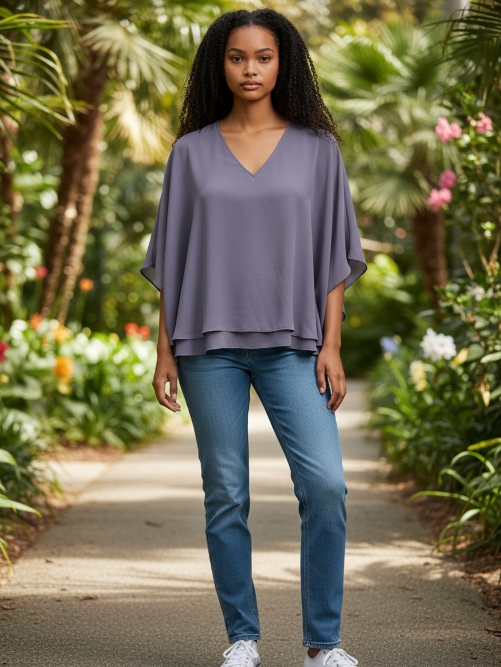 White House Black Market Lavender Gray V‑Neck Flutter Sleeve Top